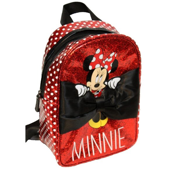 Disney Parks Red Sparkle Glitter Mini Backpack Minnie Mouse Polka Dots Satin Bow - Picture 7 of 12